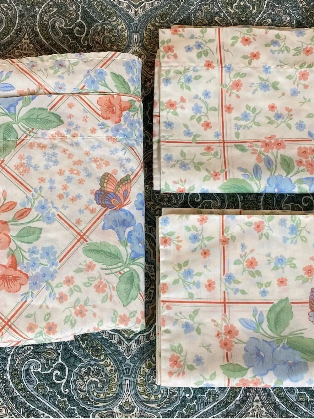 Floral Patchwork Cotton Sheet Set in Blue & Peach by Vintage 1970s